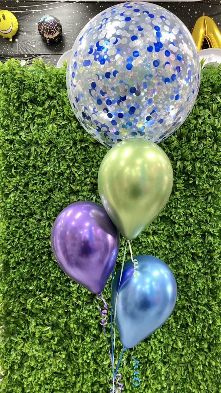 Display C Beautiful CONFETTI and 3 Chrome Helium Balloon Bouquet